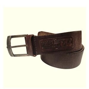 Fossil Genuine Leather Men's 32 Brown Textured Silver Buckle Stamped Logo Simple